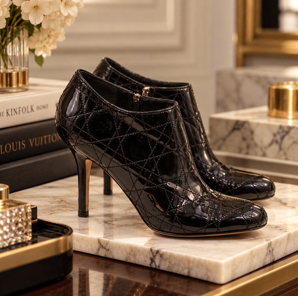 DIOR Cannage Patent Leather Heeled Boot Black Sz 36.5/US 6.5 $895